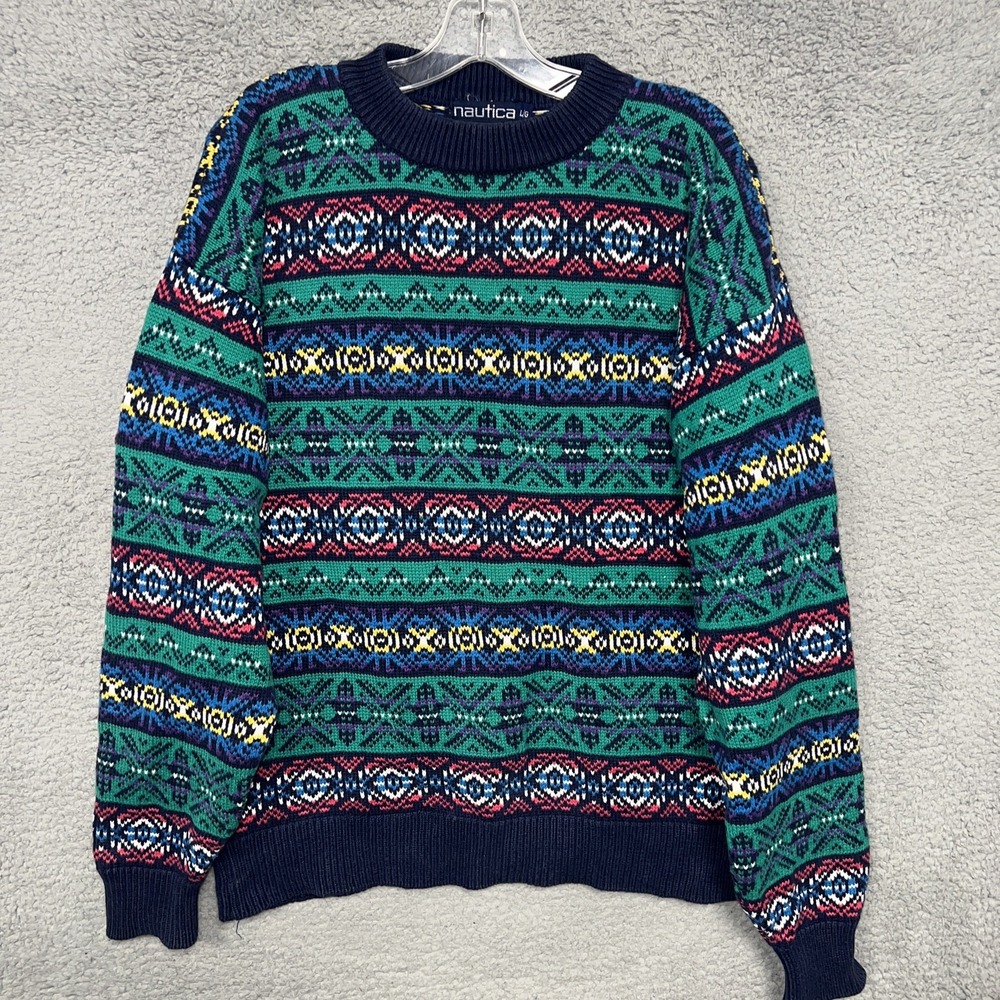 VTG Nautica Sweater Men's‎ Sz L Multicolor Geometric Fair Isle Knit Grandpa 90s